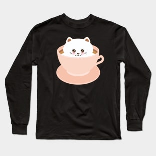 Cute Kawaii cat in pink cup of froth art coffee (2) Long Sleeve T-Shirt